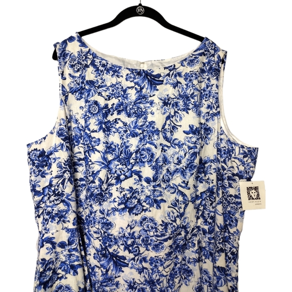 Anne Klein Blue Combo Floral Linen A-Line Dress - Picture 2 of 8